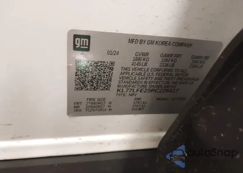 2024 Chevrolet Trax Fwd Sp z USA, uszkodzony, nr VIN KL77LFE25RC226417